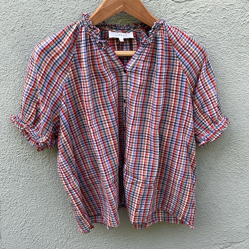THE GREAT. Rainbow plaid gingham cotton puff short sleeve blouse - Size 2